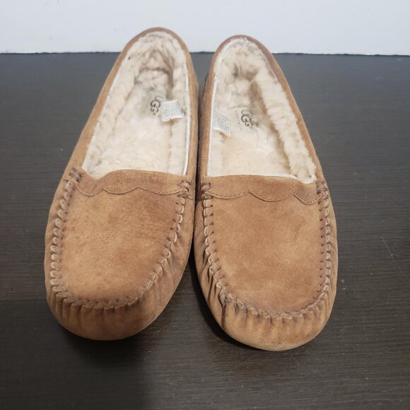 UGG Classic Suede Tan Slip on Moccasin Slippers Sheepkeen Lined 11/ EU 42 - Picture 5 of 12